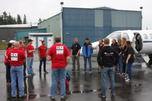 Click Bond personnel arrived Tuesday morning in their CJ3 Citation to help students for the day. Here they're making introductions.